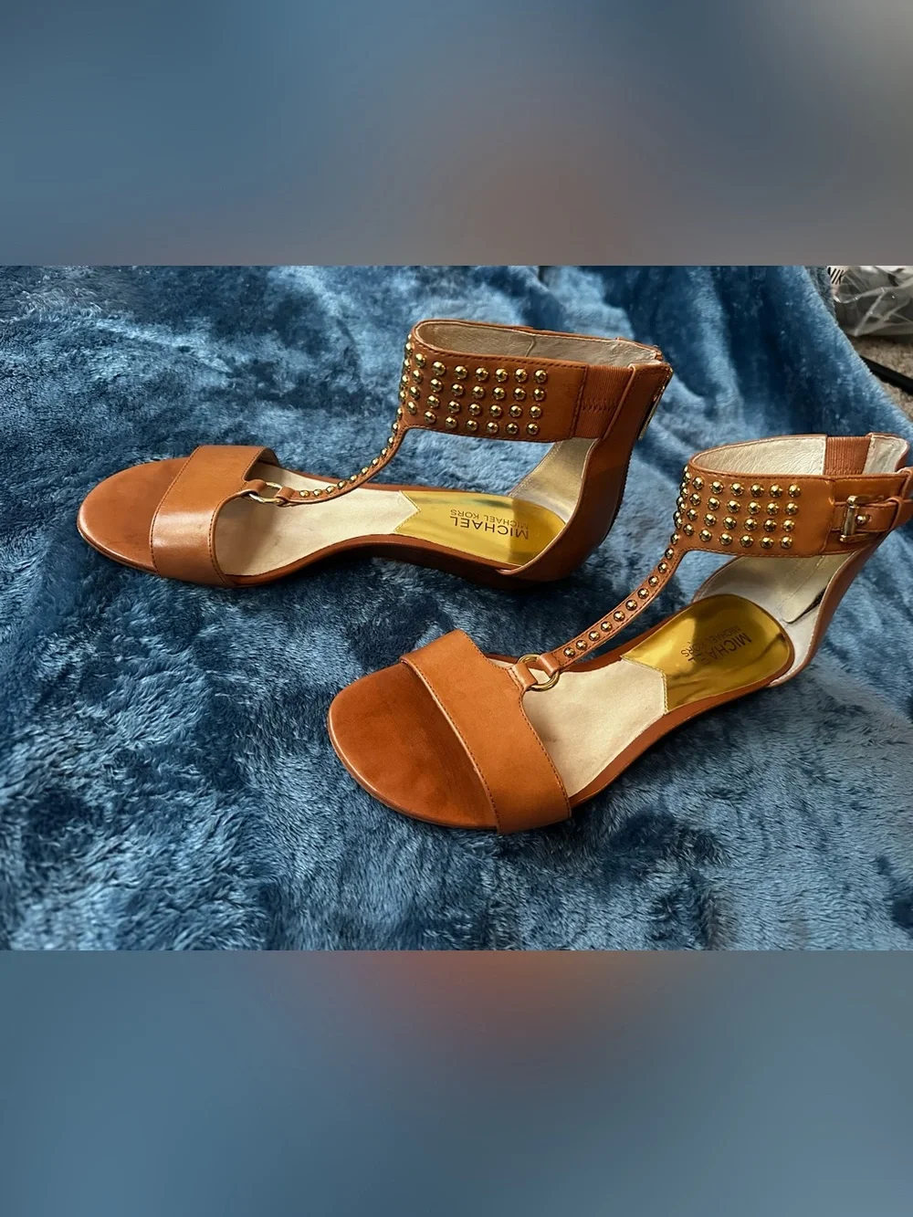 Michael Kors Cognac Leather Studded Ankle-Strap Sandals
